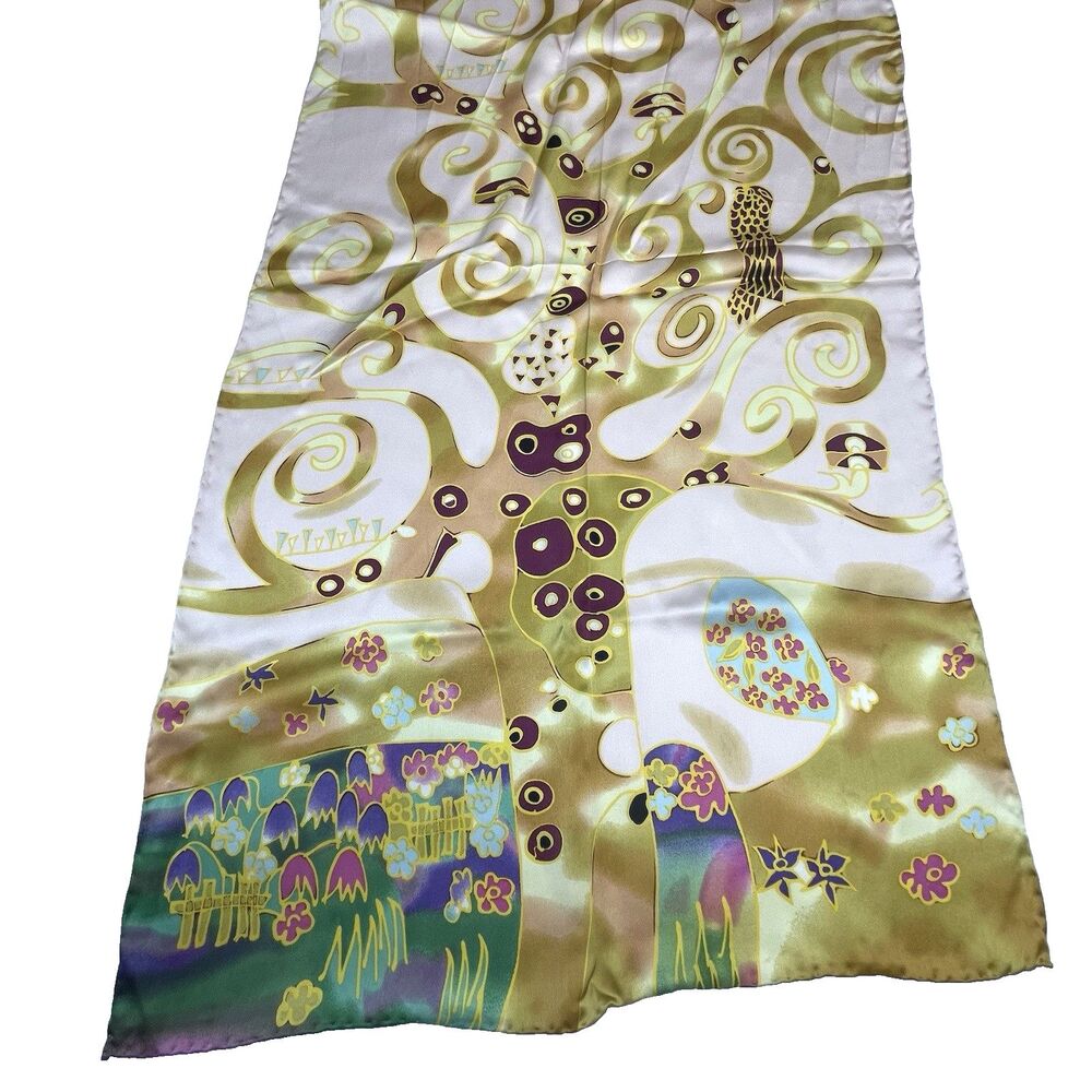 Vienna Austria Scarf 100% Pure Silk Reine Seida Gold Pink Tree of Life 16x64